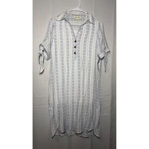 Indigo Rose Shirt Dress S White Blue Geometric Stripe Tie Sleeve Tunic